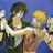 Pixelated static image of two anime-style characters in a dynamic pose against a blue background, with one character holding the other in an embrace-like gesture.