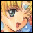 Pixelated anime-style close-up of a character with blonde hair and blue eyes, next to stylized text on a black background.