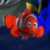Pixelated static image of a red clownfish with white stripes against a blue-green background, likely from an animated film character.