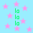 Light blue background with scattered pink stars and four vertical of green 'la' text