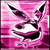 Pixelated pink-toned static image of a stylized face with large black eyes, pointed ears, and an open mouth showing teeth against a striped background.