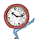 Four clock-faced figures with blue limbs perform alternating leg lifts in a , each clock showing different time positions