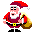 Pixelated Santa Claus in red and white outfit with yellow belt, holding brown sack, waving in multiple poses against gray background.