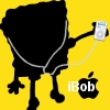 Black silhouette of a cartoon character on yellow background holding white MP3 player with white earbuds, text "iBob" below Apple logo.