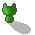 A pixelated green cartoon character with two horn-like protrusions and a rounded body, shown in two frames of an animation sequence against a gray background.
