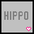 Gray square icon with 'HIPPO' text and pink heart symbol, transitioning to blank gray background while retaining the heart.