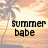 Pixelated static image of a beach sunset scene with palm tree silhouette and text overlay reading "summer babe" in bold black letters.