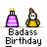 Animated contact sheet of 12 frames showing a yellow stick figure interacting with a purple birthday cake across multiple poses and confetti effects, all labeled "Badass Birthday" below each frame.