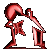 Red and dark red pixelated figure in a bent-over pose with arms raised, holding an object against a gray background.