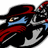 Pixelated cartoon character with blue face, red scarf, black hat, and silver armor details in motion.