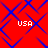 Red background with blue diamond lattice pattern and four white 'USA' text elements in pixelated font.
