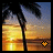 A 48x48 pixel animated buddy icon showing a tropical sunset scene with palm trees and water, featuring two frames where the bottom-right heart symbol changes color from orange to yellow.
