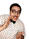 A person in a white shirt with small dark dots and a black bow tie appears in four sequential poses against a white background.