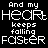 pixelated text repeating 'And my heart keeps falling faster' with color variations across four on a black background