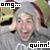 Pixelated image of a person with light hair and pinkish skin, mouth open in an exaggerated expression, overlaid with text "omg..." at top left and "quinn!" at bottom right.