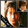 identical cartoon-style images showing a boy with round glasses and messy brown hair, each with a black diagonal banner reading "Trust me?" in white text