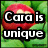 Pixelated image with red fruit-like shape and green background, displaying text 'Cora is unique' in white block letters with black outlines.