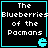 Four identical pixel-art display "The Blueberries of the Pacmans" text with cyan Pac-Man ghost icons, arranged in a on black backgrounds