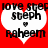 Red background with two white heart shapes containing black text reading "steph" and "raheem", each with a small pixelated heart below the name.