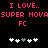 Pixelated red text on black background with two identical side-by-side sections, each containing "I LOVE..", "SUPER NOVASUPER NOVA", and "FC" above a of white and gray plus signs