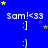 Blue background with repeated white text 'sam!<33' and ':]' below, scattered yellow and blue stars, gray rectangle in bottom-right corner.
