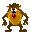 Pixelated cartoon character with brown fur, pink inner ears, and yellow-orange belly in five distinct poses against gray background.