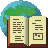 Pixelated icon shows open book with text lines and square graphic on right page, set against blue-green globe background.