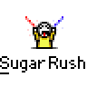 Animated contact sheet of a yellow stick figure character with black outline, red and blue sparkles, performing various poses across 17 frames beneath repeated "Sugar Rush" text.