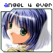 Anime-style character with blue hair and green eyes, orange mouth, white halo-like background, static pose.