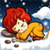 Pixelated cartoon character with red hair and yellow dress lying on snowy ground under dark blue sky with stars and cloud, static single-frame image.