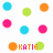 Pixelated circular icons in cyan, green, orange, and pink arranged in with two identical text-based icon variants at the bottom featuring 'KATIE' lettering