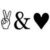 A sequence of three distinct black-and-white icons: a peace sign, an ampersand symbol, and a heart shape arranged horizontally.