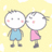 Two pixelated cartoon figures stand side-by-side against a pale yellow background with white sparkles; one wears blue shorts, the other pink dress.