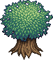 Pixelated tree icon with dense green foliage and brown trunk on light gray background.