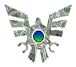 A stylized bird with outstretched wings and a blue-green circular center, rendered in metallic silver and green tones