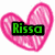Pixelated pink heart with green text 'Rissa' overlaid, surrounded by small multicolored hearts and purple text 'You!' on white background.