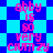 Pixelated text in pink and blue on a checkered background with diamond-shaped patterns.