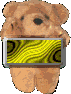 Brown teddy bear holding rectangular frame with yellow and black wavy patterns, transitioning to solid yellow frame, then to yellow frame with "Christian Links" text.