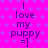 A static image with a bright pink background featuring small purple stars, displaying repeated text "I love my puppy =]" in dark purple font arranged in a pattern