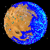Animated sequence of a spherical object with earth-like landmasses rotating against changing backgrounds, surrounded by blue and white particle effects.