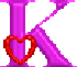 Two identical purple 'K' shapes with pink tops, each holding a heart-shaped frame; left has red frame, right has light blue frame.
