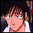 Pixelated anime-style character with dark hair and red highlights, wearing white clothing, against a black background with stylized text.