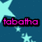 Pixelated icon with pink text 'tabatha' on black background, light blue stars and crescent moon against dark blue backdrop.