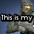 A pixelated character in gray armor with a gold visor stands against a blue background, overlaid with text and repeating patterns.
