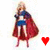 A pixelated character in a red cape and blue outfit stands with hands near chest, accompanied by colored hearts changing from red to purple to green.