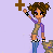 Pixel art buddy icon featuring a cartoon character holding a cross with one hand and a small dog, alongside two 'Happy Easter' text boxes on purple and green backgrounds.