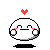 A 4x3 contact sheet of pixel art frames showing a white round character with red blush marks, black eyes and mouth, small floating circles, and a red heart above its head against a gray background.