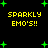 Black background with yellow text reading "SPARKLY EMO'S!!" repeated four times, surrounded by green plus signs and dots.