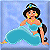 Pixelated static image of a cartoon character in blue attire with dark hair and accessories against a light blue background.