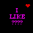 Pixelated text "I LIKE" in bright pink with four question marks below, set against a black background with red heart and dot animations.